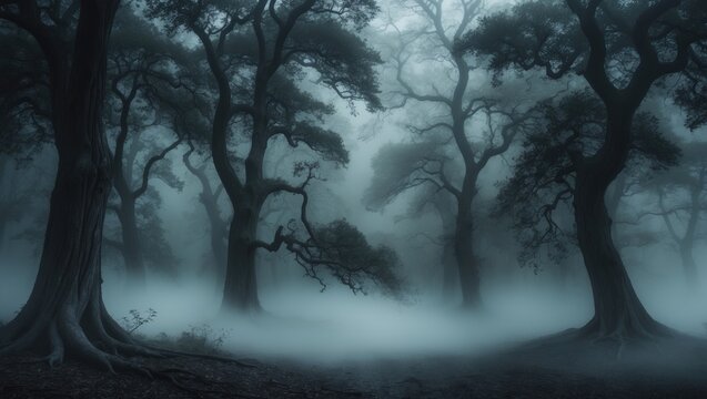 Dark forest scene with twisted trees and foggy atmosphere, creating a mysterious and eerie ambiance. Nature and wilderness, landscape and environment, mystical and haunting.