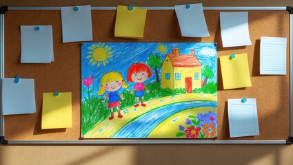 Colorful children's drawing of two kids holding hands outside a house with flowers and a rainbow, pinned on a bulletin board with paper notes surrounding it.