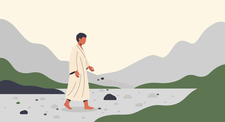 Man Wearing Kimono Walking In Nature Landscape Illustration Aesthetic Calm