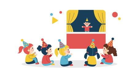 Naklejka premium Kids Enjoying Puppet Show Wearing Party Hats In Classroom Illustration