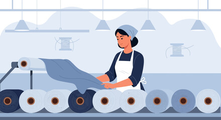 Obraz premium Manufacturing Process Showing Woman Inspecting Textiles On Automated Production Line