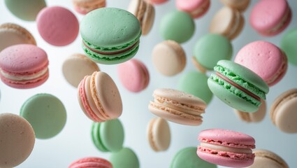 Obraz premium Colorful macarons floating in the air with pink, green, and beige shades. Confectionery treats, dessert photography, sweet baked goods. The concept of sweets and desserts.