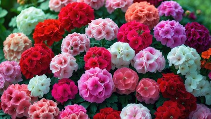 Obraz premium Colorful variety of garden flowers with vibrant shades of pink, red, white, and orange, densely packed and blooming abundantly.