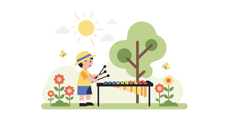 Fototapeta premium Little Musician Playing Xylophone Outdoors On Sunny Day Surrounded By Nature