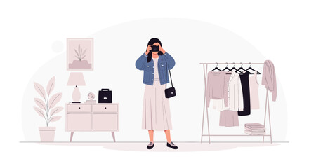 Fashionable Woman Taking Pictures In Her Stylish Apartment Or Creative Workspace
