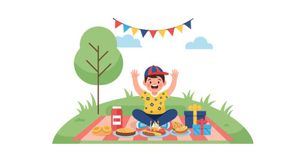 Happy Boy Celebrating Birthday At Picnic Party Outdoor With Food And Gifts