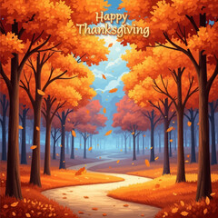 Thanksgiving Autumnal Scene: A vibrant depiction of Thanksgiving with rich autumn hues, showcasing the beauty of fall foliage and a winding road.