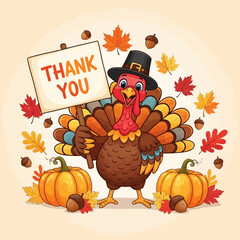 A cartoon turkey wearing a pilgrim hat holds a "Thank You" sign, surrounded by pumpkins, acorns, and autumn leaves, set against a light beige background.