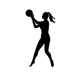 Silhouette of woman playing with ball on white background, posing dynamically. Silhouette displays her active engagement, showing athletic posture, ready to volley, catching, throwing, or passing.