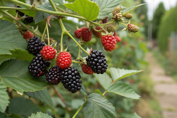 Ripe and unripe blackberries on bush in garden setting &ndash; high-res stacked focus.