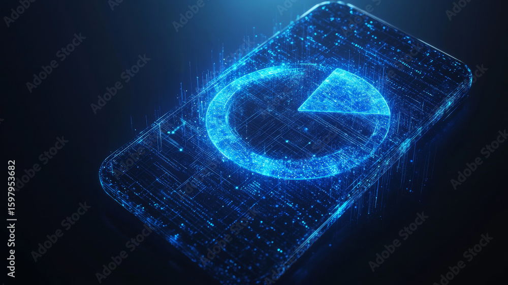 Poster futuristic 3d render of a smartphone displaying a glowing pie chart, ideal for websites and blogs fo