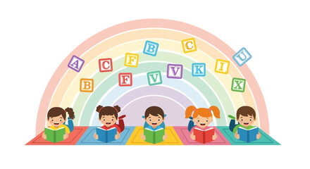 Happy Children Learning Letters With Colorful Books Under Rainbow Arch
