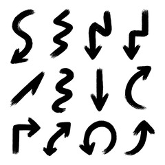 Hand drawn brush arrows and X signs in grunge ink style. Curved, straight, and twisted arrow icons with dry brush texture isolated on transparent background PNG.