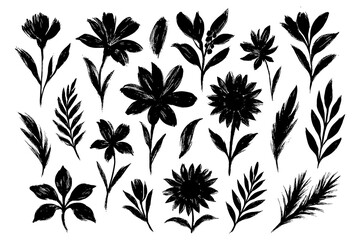 Floral icons with flowers, leaves, and stems in bold black silhouettes, Transparent Background