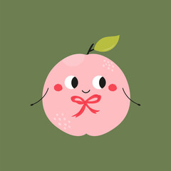 Cute Peach with Decorative Bow. Funny Fruit Cartoon Character. Vector Illustration