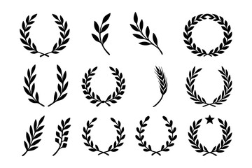 Laurel wreath icons with floral and geometric variations in bold black, Transparent Background