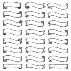 Vintage hand-drawn ribbon banners in detailed engraving style, Transparent Background