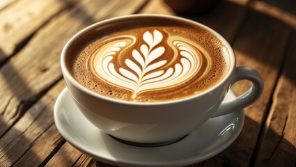 Coffee cup with latte art on a wooden table.