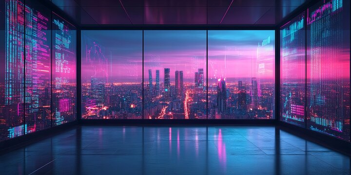 A neon-lit futuristic room with large windows overlooking a vibrant cyberpunk city, ideal for websites or blogs on technology, data, AI, urban future, or virtual reality themes.

