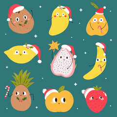 Cute Fruits in Santa Hats. Funny Christmas Fruit Cartoon Characters, Vector illustration.