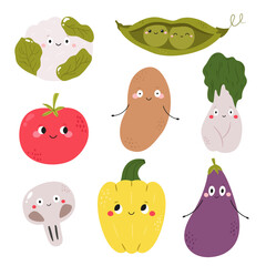 Cute Vegetables Clipart. Funny Cartoon Veggie Characters with Faces. Vector Illustrations