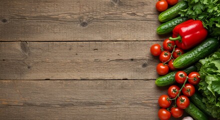 Fresh vegetable still life with tomato cucumber and pepper on rustic wood planks