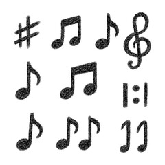 Hand-drawn music notes and symbols in textured sketch style, Transparent Background