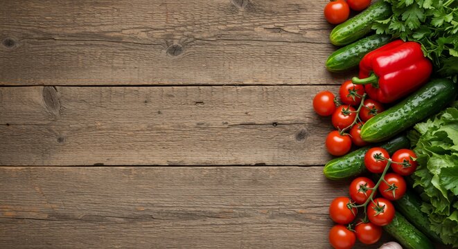 Fresh vegetable still life with tomato cucumber and pepper on rustic wood planks - Powered by Adobe