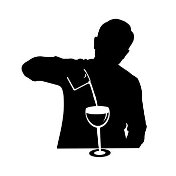 recommend clip art: Isolated silhouette of bartender pouring drink into glass, silhouette visible against white background. Filling cocktail is a stylish silhouette, bartender in shadow with elegant serving.