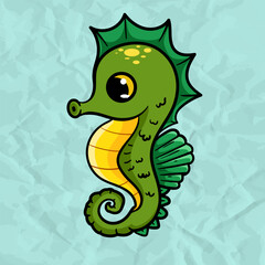 Cartoon hand drawn happy green baby sea horse smiling on isolated paper blue background. Character of the sea animals for the logo, mascot, design