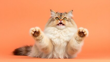 Fluffy cat with paws up and mouth open on orange background looking surprised or scared and ready to pounce | international cat day