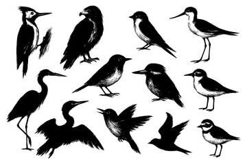 Silhouettes of various bird species in vintage ink style, Transparent Background