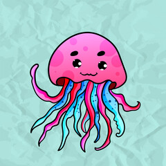Digital illustration of a friendly cute Whimsical Jellyfish blue pink Character Illustration on paper blue background with cartoonish features . Character of the sea animals for the logo, mascot, desi