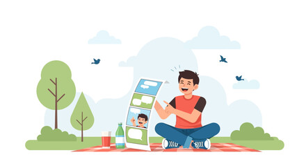 Obraz premium Happy Man Receives Positive Feedback Or News During Outdoor Picnic Scene