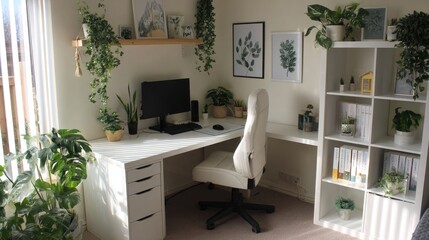 Bright home office with white walls, framed art, and indoor greenery adding fresh vibes