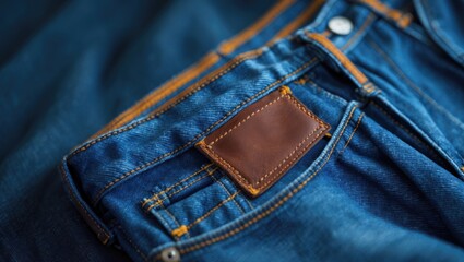 Fototapeta premium Close-up of blue denim jeans with leather patch on waistband. Fashion, casual wear, clothing, style. Tailoring, apparel design, fabric texture. The concept of denim fashion and clothing.