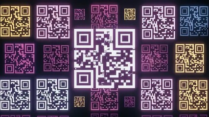 Glowing qr codes in various sizes and colors create a futuristic, technology background. - Powered by Adobe