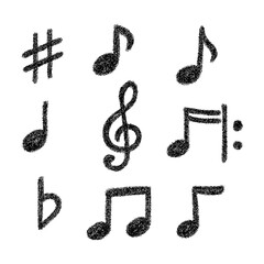 Music Note Chalk Icon Set – Hand Drawn Symbols of Clef, Notes, and Rhythm in Textured Crayon or Brush Style