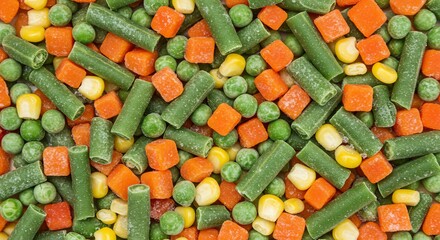 Frozen mixed vegetables overhead view with diced carrots green beans corn and peas for cooking