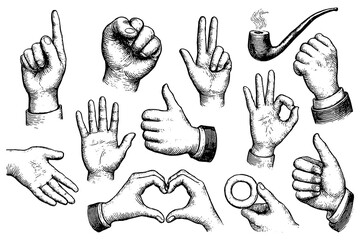Vintage hand gestures and objects in engraving style, Transparent Background