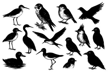Silhouettes of various bird species in vintage ink style, Transparent Background