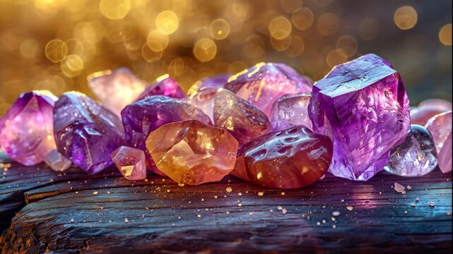 Close up of shiny mineral on a wooden surface. Concept of geology. Macro view of crystals showing abstract shape. Footage.