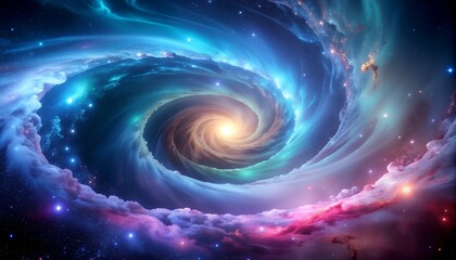 Obraz premium A celestial vortex of swirling energy, a vibrant cosmic spiral galaxy with glowing nebulae and starlight in the deep universe.