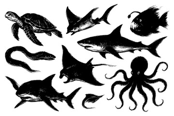 Sea Animal Brush Illustration Set – Shark, Octopus, Turtle, Ray, and Other Ocean Creatures in Hand Drawn Ink Style