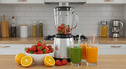 Fruit smoothie preparation with blender strawberries and oranges in kitchen interior