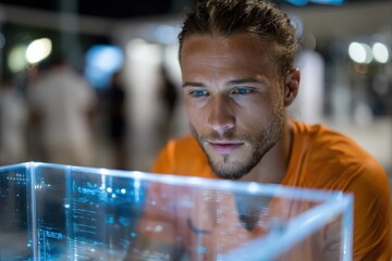 A young male athlete, absorbed in analyzing a digital interface, showcases a blend of sport and technology, reflecting modern training methods amidst a sleek, urban backdrop.