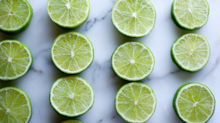 Freshly cut limes arranged in symmetrical rows on white marble table under soft light
