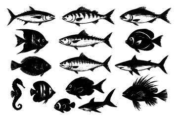 Variety of sea fish and marine creatures in vintage style, Transparent Background
