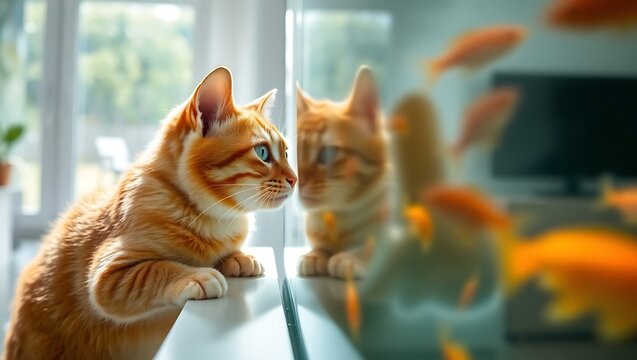 Ginger cat looking intently at a fish tank filled with goldfish in a bright and airy room setting | international cat day - Powered by Adobe