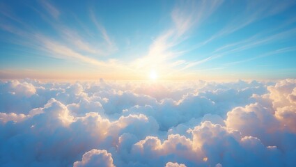 Sunrise over a sea of clouds from above with light and sky, peaceful and serene atmosphere, nature landscape, bright morning, clear sky.